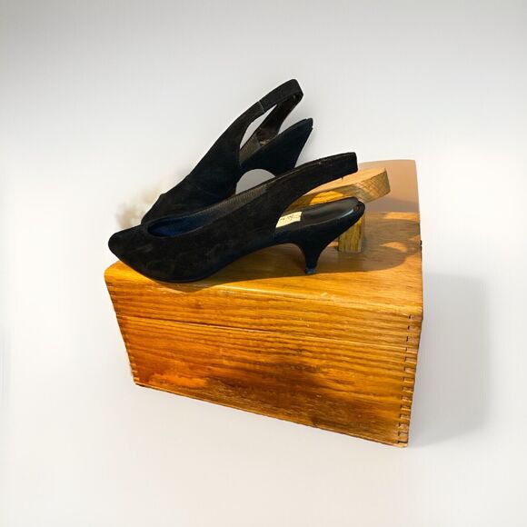 Diane Von Furstenberg Suede Kitten Sling Back 6 1/2 Black On Black - Picture 2 of 10